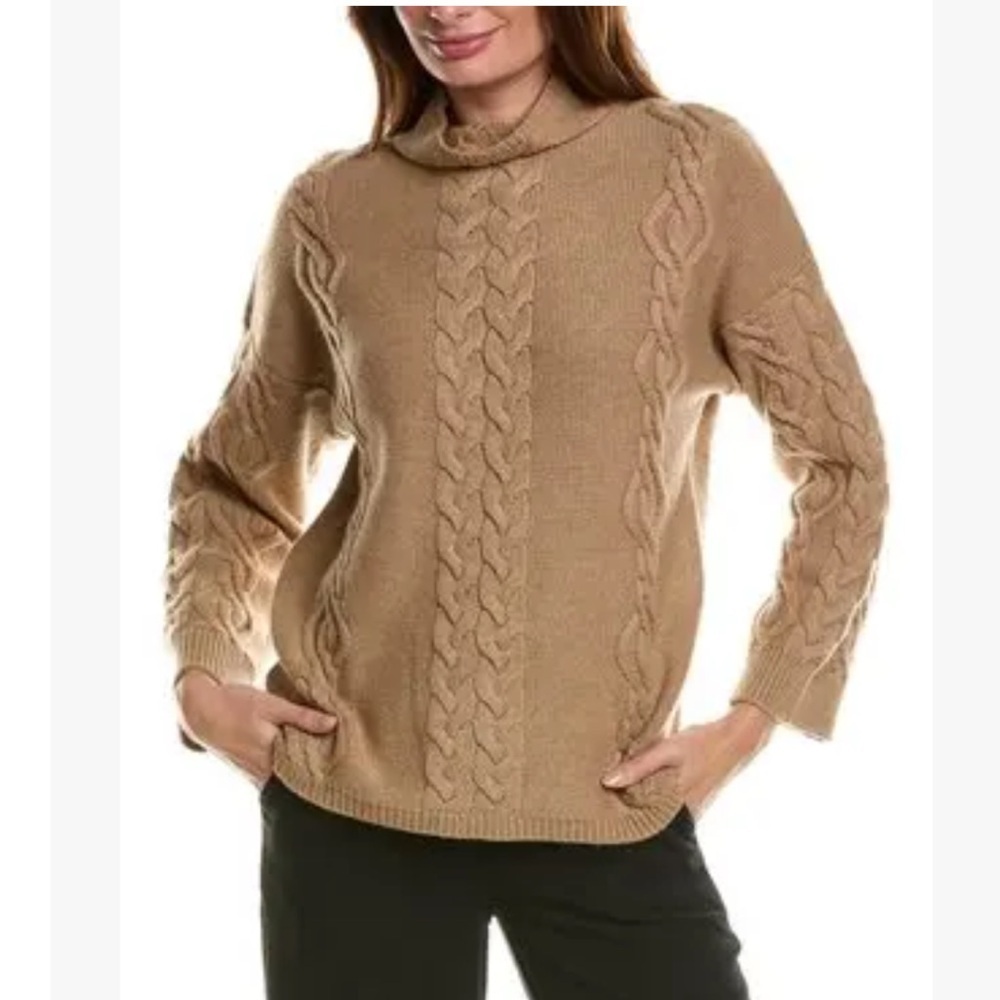 FORTE CASHMERE Luxe Cable Knit Funnel Neck Wool & Cashmere-blend Sweater Tan Sm